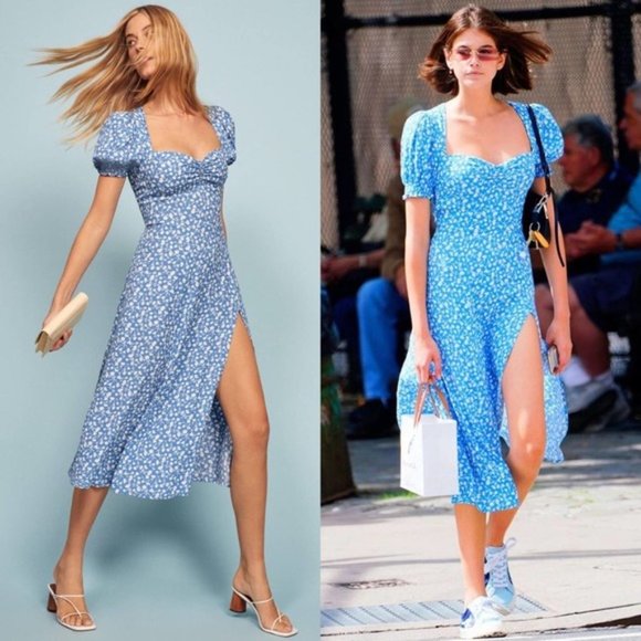 Reformation Lacey Dress Marie Blue White Floral Midi Floral 10 slit cap smock ml - Picture 2 of 12